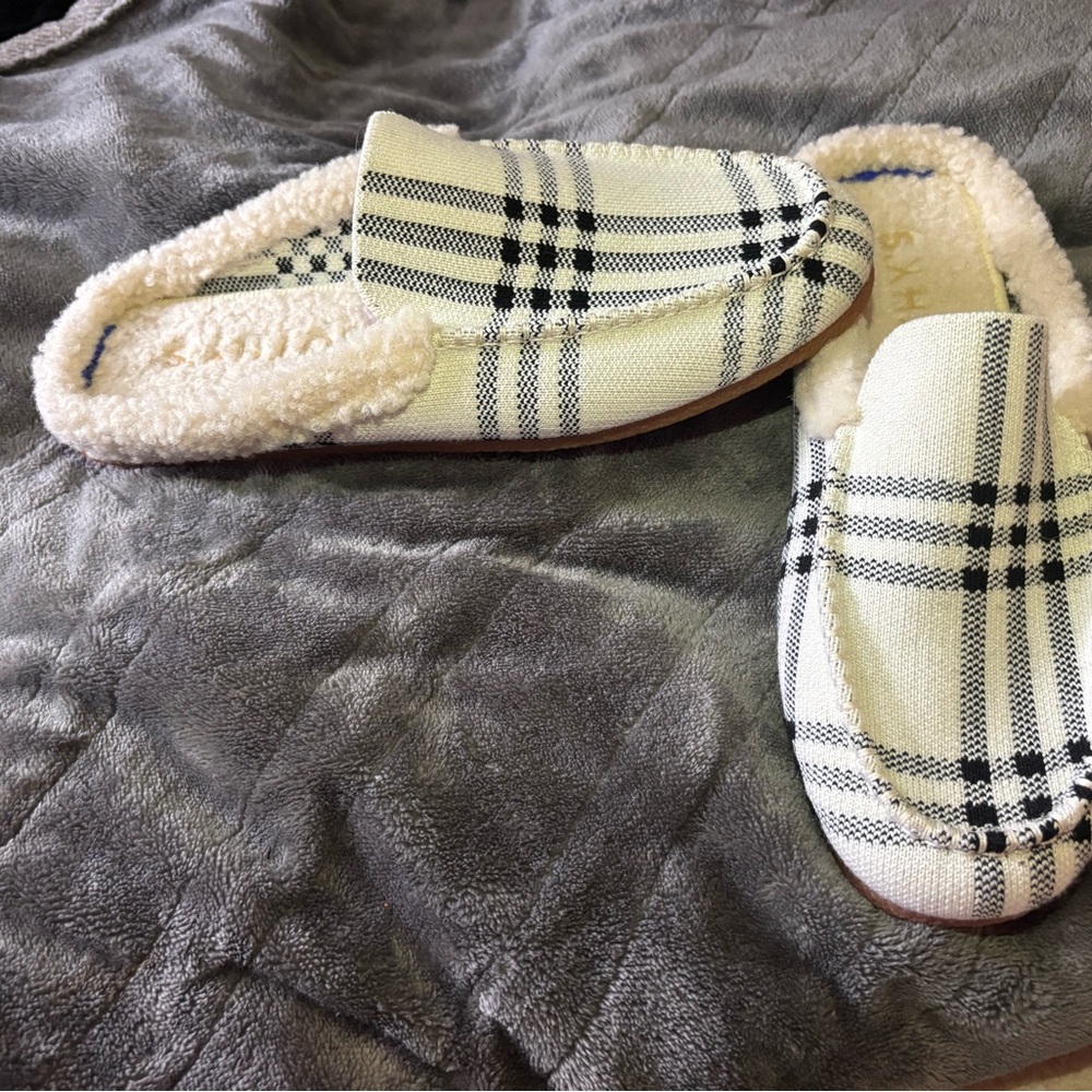 Rothy's Plaid Cream and Black Slippers